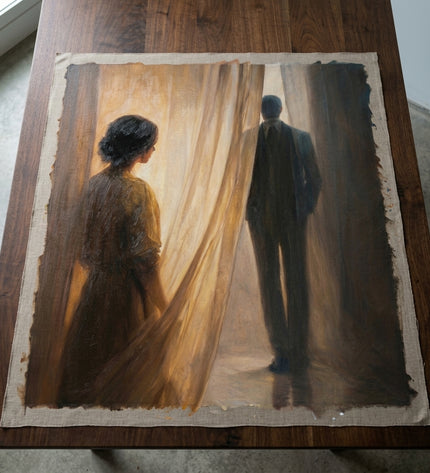 Parting Light hand-painted original as unrolled canvas on studio table, shown without frame