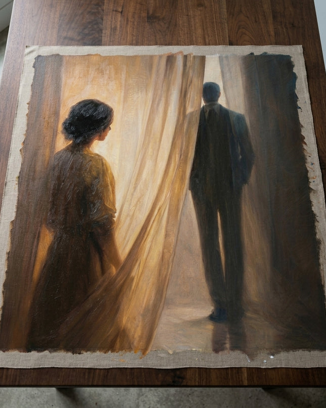 Parting Light hand-painted original as unrolled canvas on studio table, shown without frame