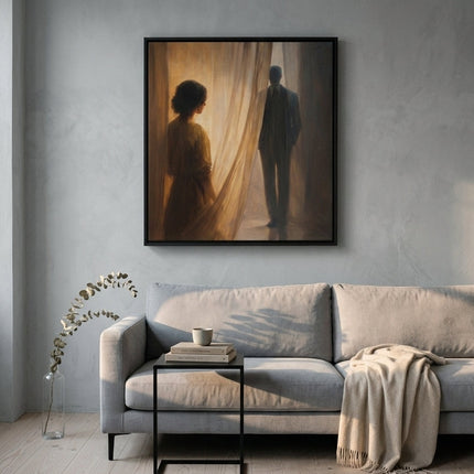 Parting Light hand-painted figurative painting displayed in a contemporary living room