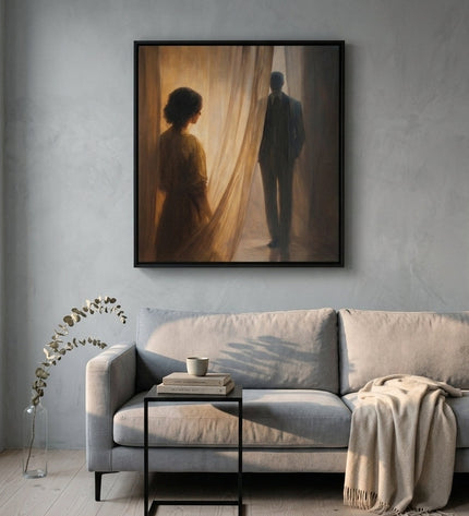 Parting Light hand-painted figurative painting displayed in a contemporary living room