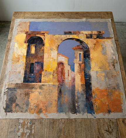 Passage Through Gold hand-painted original as unrolled canvas on studio table, shown without frame
