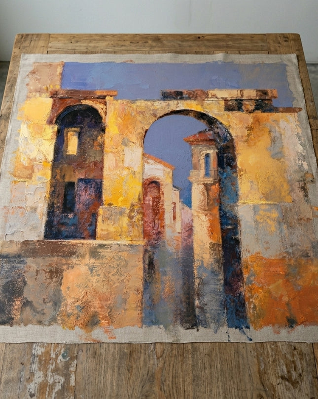 Passage Through Gold hand-painted original as unrolled canvas on studio table, shown without frame