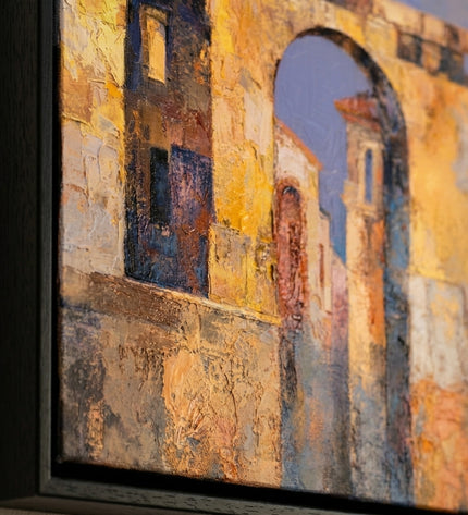 Close-up detail of Passage Through Gold showing ochre and amber brushstrokes