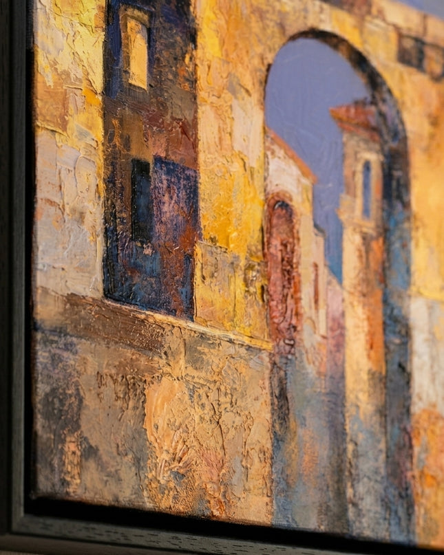 Close-up detail of Passage Through Gold showing ochre and amber brushstrokes