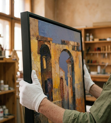 Art handler presenting Passage Through Gold large format original painting