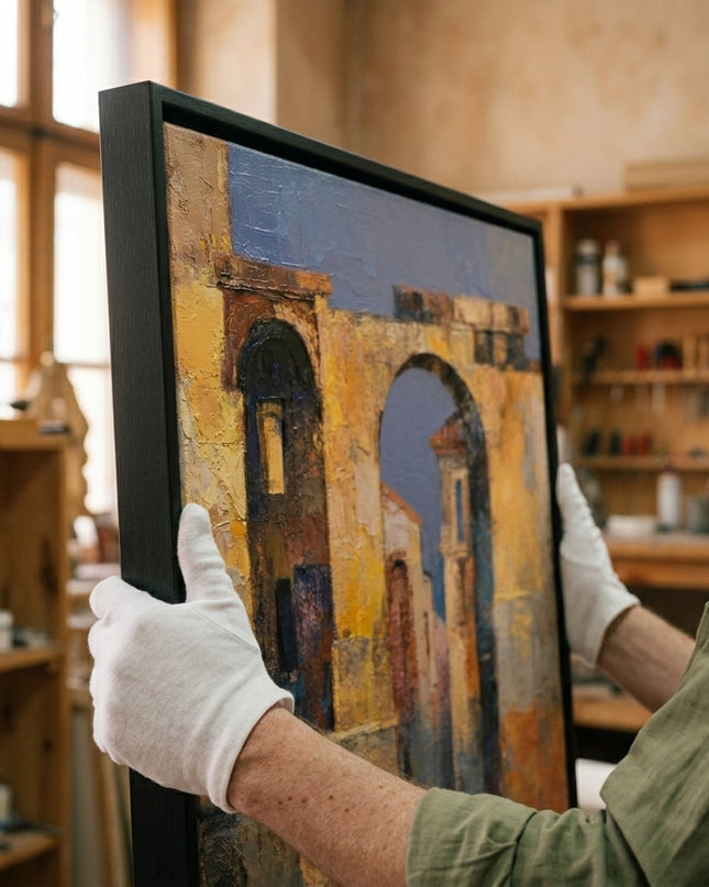 Art handler presenting Passage Through Gold large format original painting