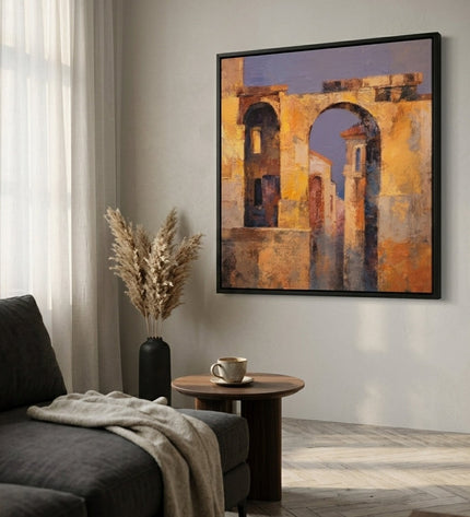Side view of Passage Through Gold framed canvas showing depth and texture
