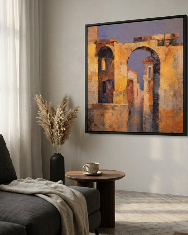 Side view of Passage Through Gold framed canvas showing depth and texture