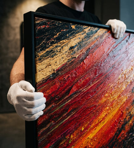 Passion Ripples original oil painting held by a gallerist with white cotton gloves, fiery red and gold impasto close-up