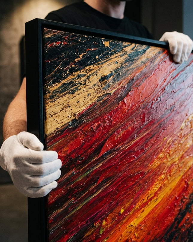 Passion Ripples original oil painting held by a gallerist with white cotton gloves, fiery red and gold impasto close-up