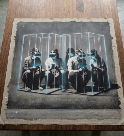 Pixel Cage hand-painted original as unrolled canvas on studio table, shown without frame