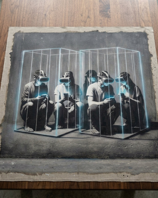 Pixel Cage hand-painted original as unrolled canvas on studio table, shown without frame