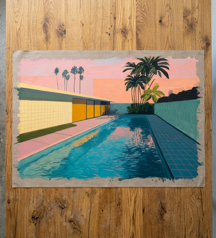 Pool Noir hand-painted original as unrolled canvas on studio table, shown without frame