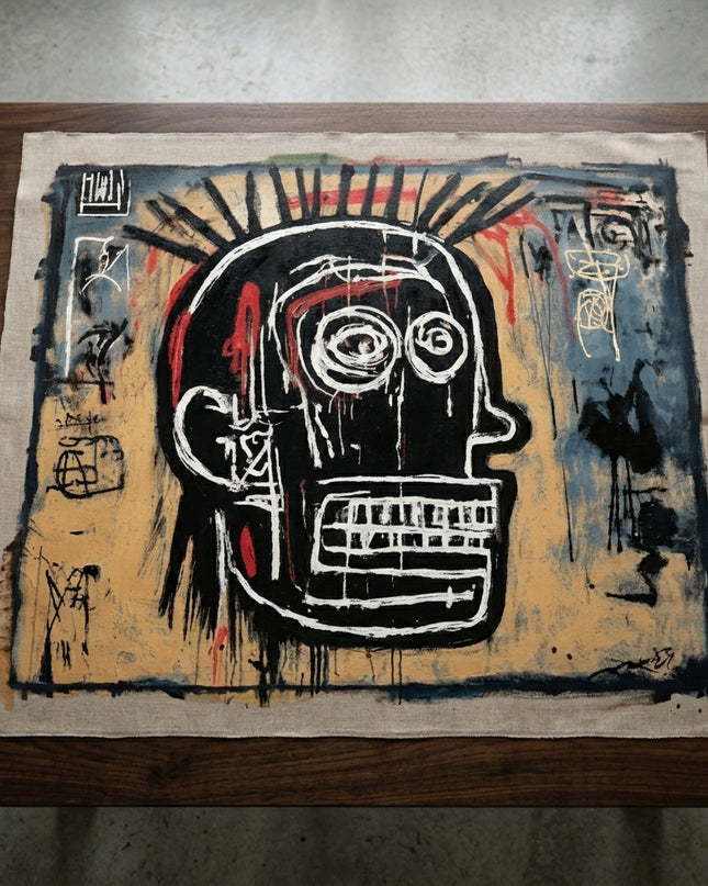 Primal Identity hand-painted original as unrolled canvas on studio table, shown without frame