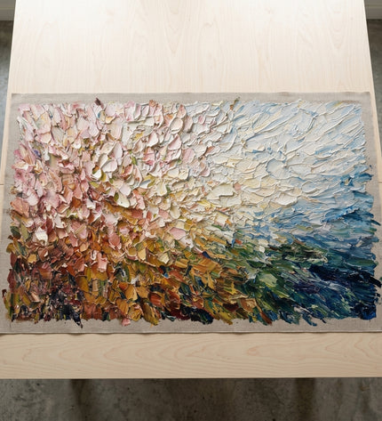 Radiant Meadow hand-painted original as unrolled canvas on studio table, shown without frame