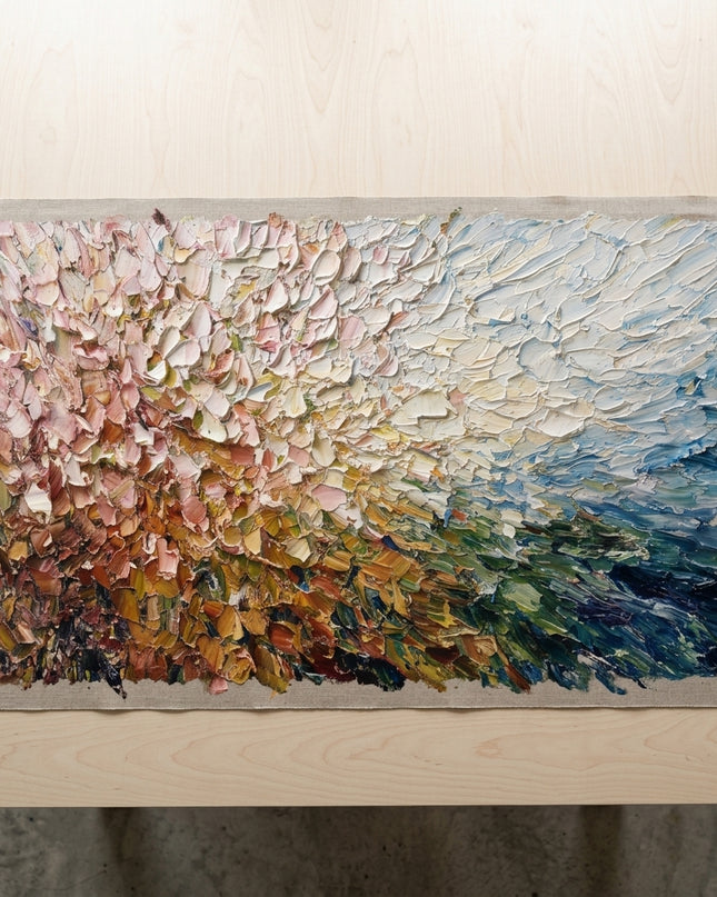 Radiant Meadow hand-painted original as unrolled canvas on studio table, shown without frame