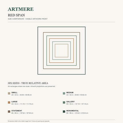 Red Span — six square sizes in centimeters and inches