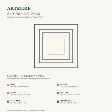 Red Under Silence — six square sizes in centimeters and inches