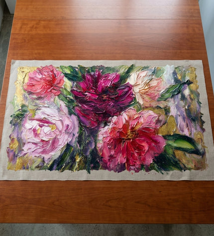 Rhapsody in Petals hand-painted original as unrolled canvas on studio table, shown without frame