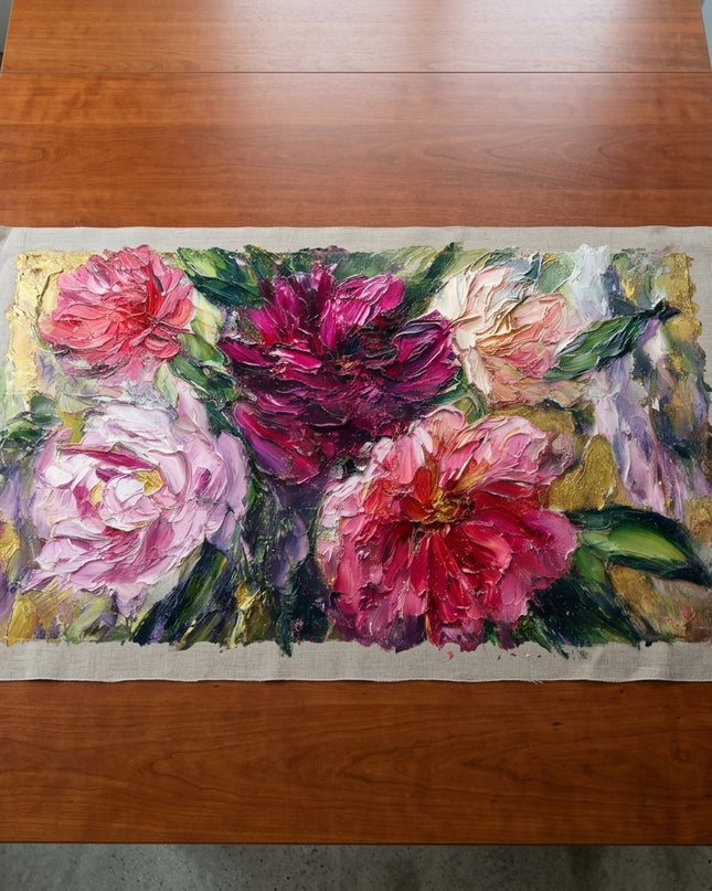 Rhapsody in Petals hand-painted original as unrolled canvas on studio table, shown without frame