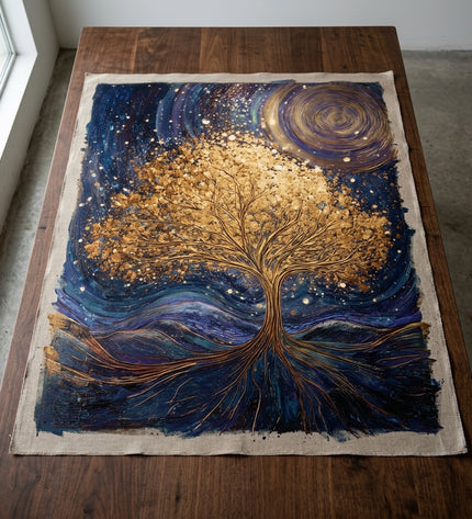 Roots of the Universe hand-painted original as unrolled canvas on studio table, shown without frame