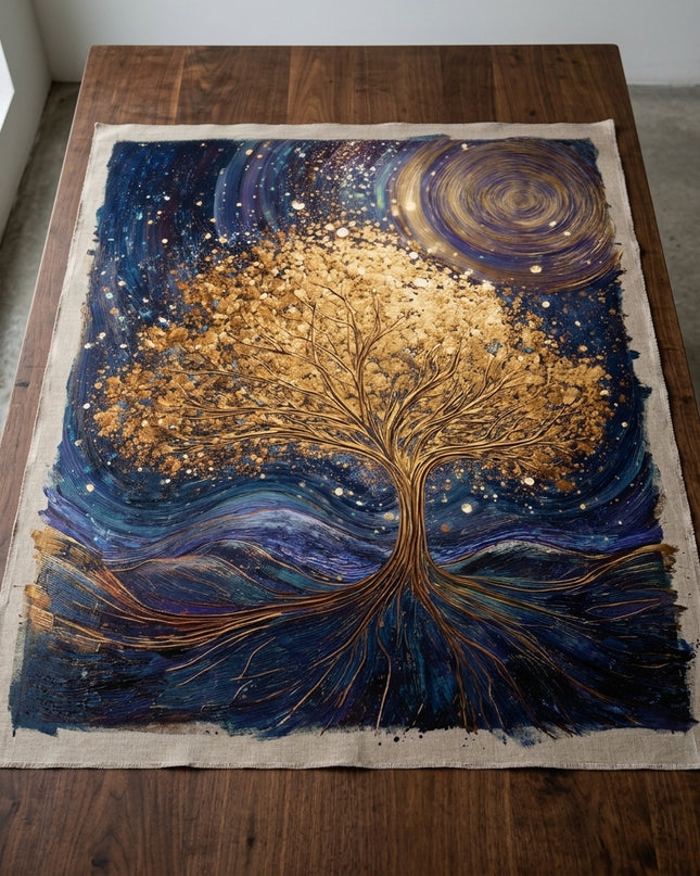 Roots of the Universe hand-painted original as unrolled canvas on studio table, shown without frame
