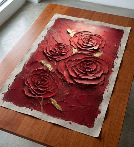 Roses of Desire hand-painted original as unrolled canvas on studio table, shown without frame