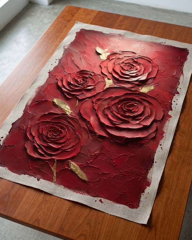 Roses of Desire hand-painted original as unrolled canvas on studio table, shown without frame