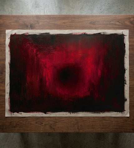 Ruby Glow hand-painted original as unrolled canvas on studio table, shown without frame