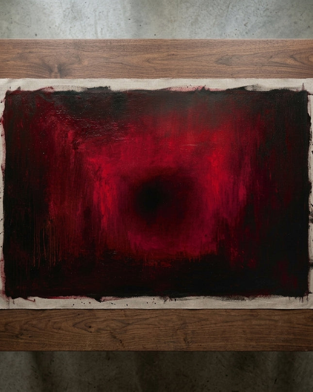 Ruby Glow hand-painted original as unrolled canvas on studio table, shown without frame