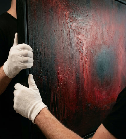Ruby Glow original oil painting held by a gallerist with white cotton gloves, crimson impasto close-up