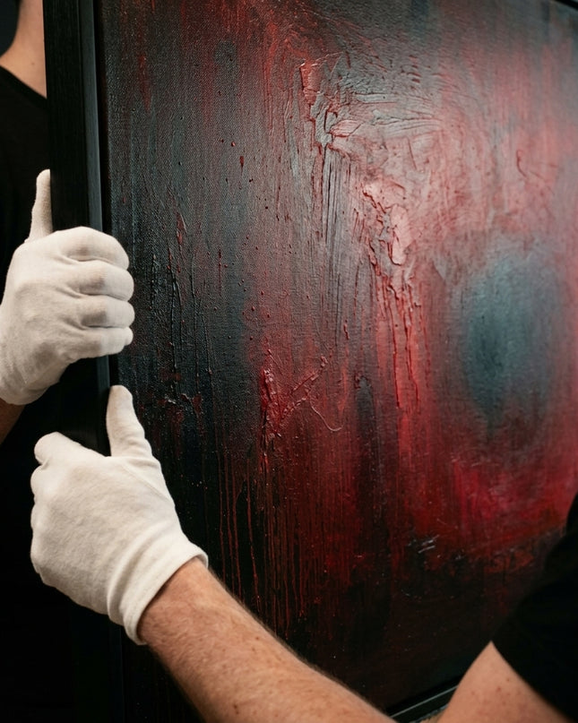 Ruby Glow original oil painting held by a gallerist with white cotton gloves, crimson impasto close-up