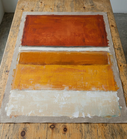 Rust and Gold hand-painted original as unrolled canvas on studio table, shown without frame