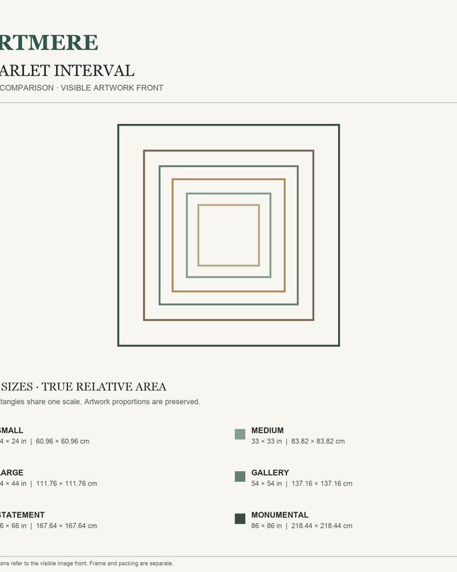 Scarlet Interval — six square sizes in centimeters and inches