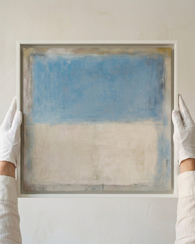Gallerist presenting Sea & Sand painting with white gloves
