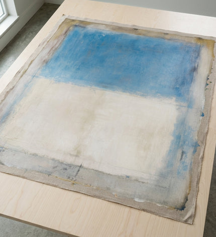 Sea & Sand hand-painted original as unrolled canvas on studio table, shown without frame