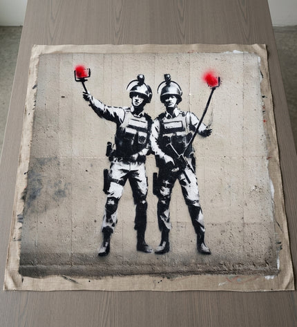 Selfie Squad hand-painted original as unrolled canvas on studio table, shown without frame