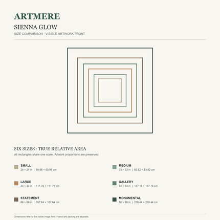 Sienna Glow — six square sizes in centimeters and inches