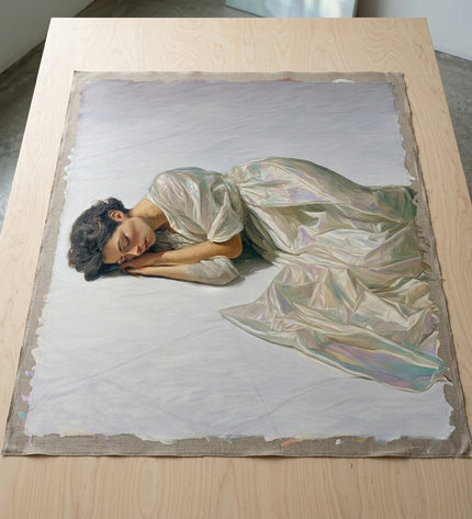 Silk Reverie hand-painted original as unrolled canvas on studio table, shown without frame