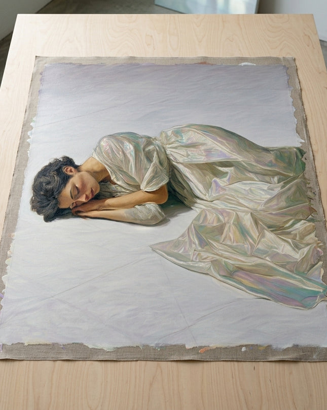 Silk Reverie hand-painted original as unrolled canvas on studio table, shown without frame