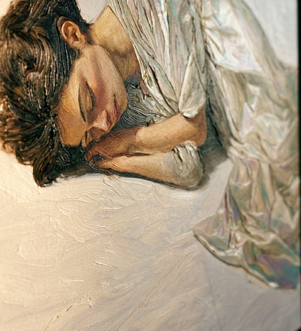 Close-up detail of Silk Reverie showing textured brushwork in gold tones