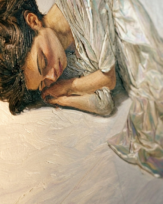 Close-up detail of Silk Reverie showing textured brushwork in gold tones