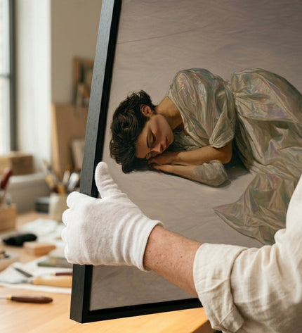 Art handler presenting Silk Reverie large-format original painting