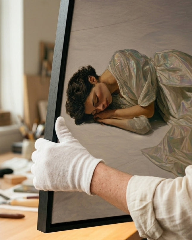 Art handler presenting Silk Reverie large-format original painting
