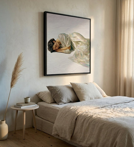 Silk Reverie hand-painted figurative painting displayed in a contemporary living room