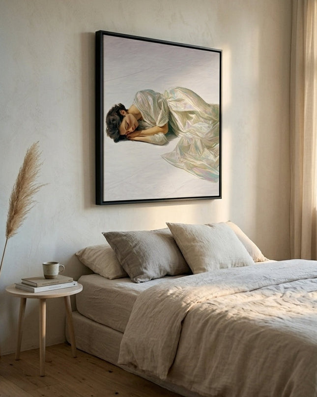 Silk Reverie hand-painted figurative painting displayed in a contemporary living room