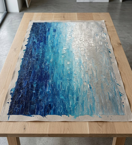 Silver Tide hand-painted original as unrolled canvas on studio table, shown without frame