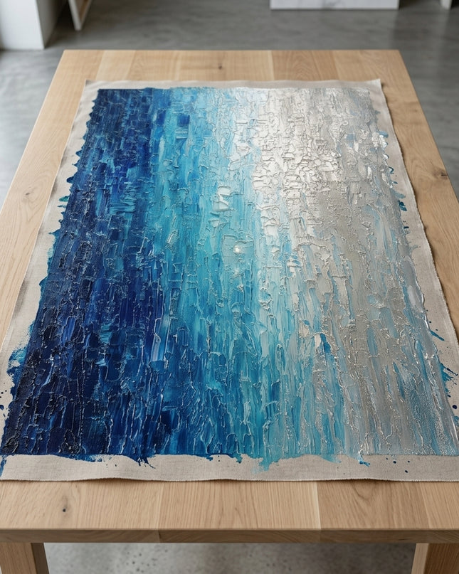 Silver Tide hand-painted original as unrolled canvas on studio table, shown without frame