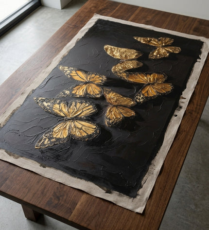 Soaring Butterflies hand-painted original as unrolled canvas on studio table, shown without frame