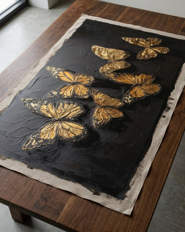 Soaring Butterflies hand-painted original as unrolled canvas on studio table, shown without frame